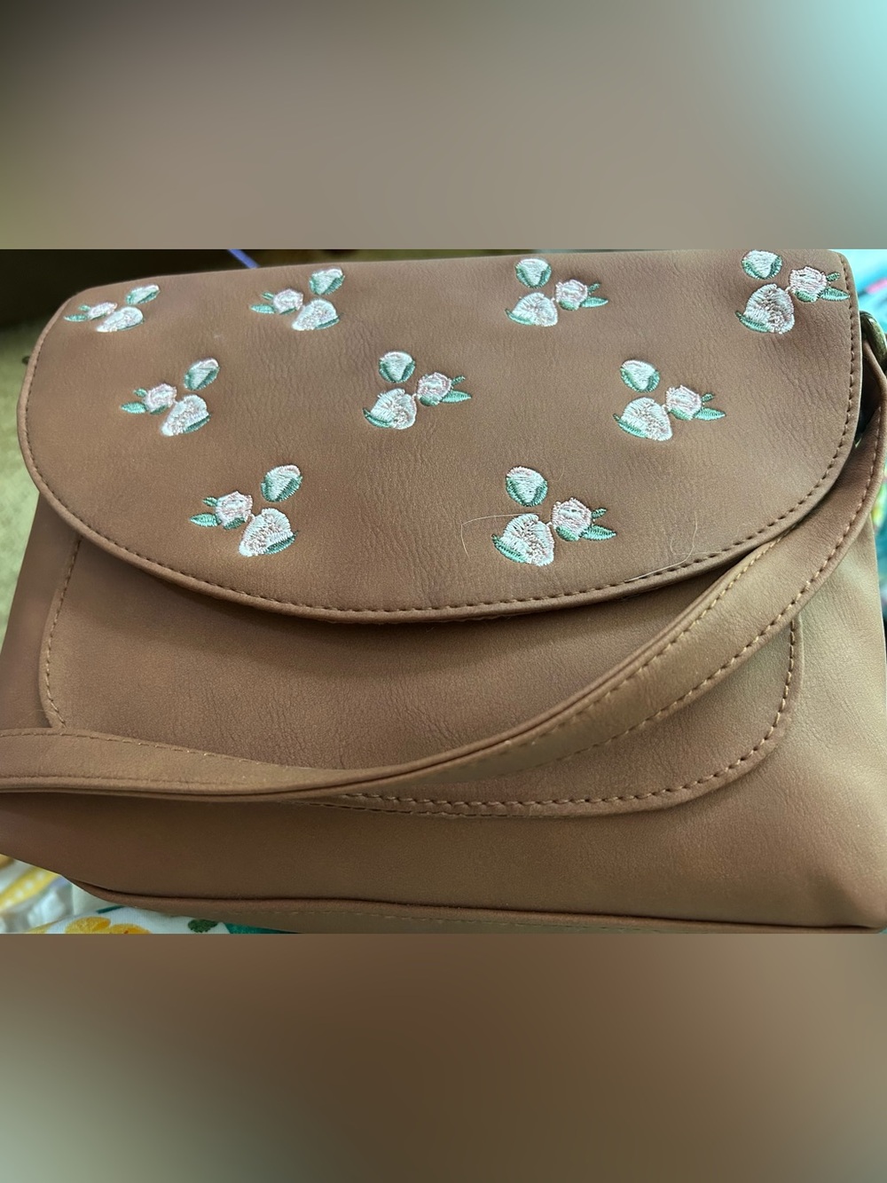 Embroidered Floral Flap Shoulder Bag - Brown - Picture 2 of 4